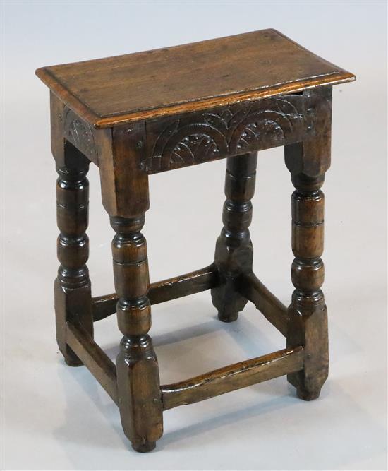 A James I oak joint stool, 1ft 3.5in x 9in. H.1ft 8.5in.